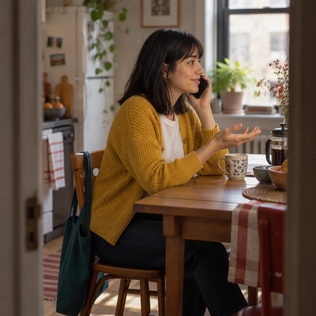 Ana holds her phone to her ear and leans forward with a requesting gesture in her apartment.