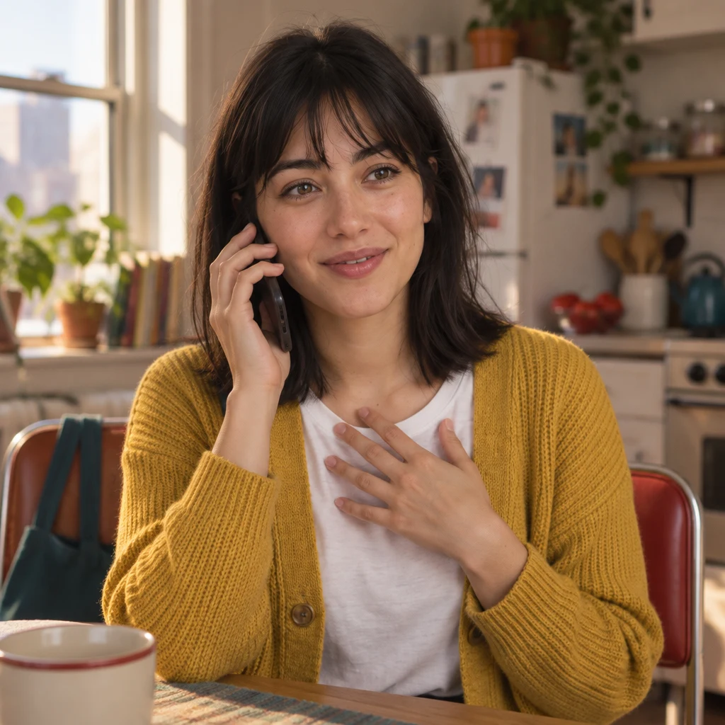 Ana identifies herself on the call with her free hand resting against her chest.