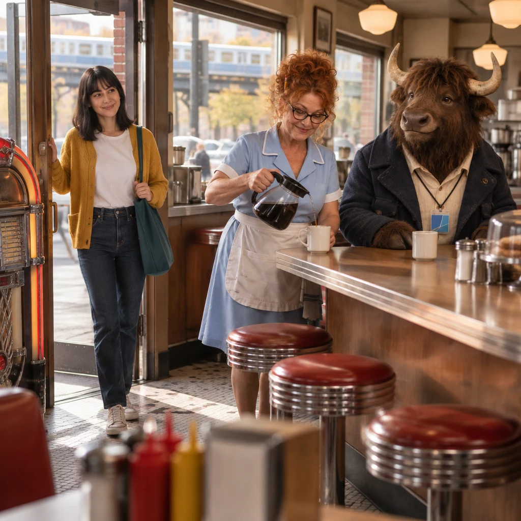 Ana holds the diner door while Dee pours coffee and Murray sits beside his unfinished black coffee.