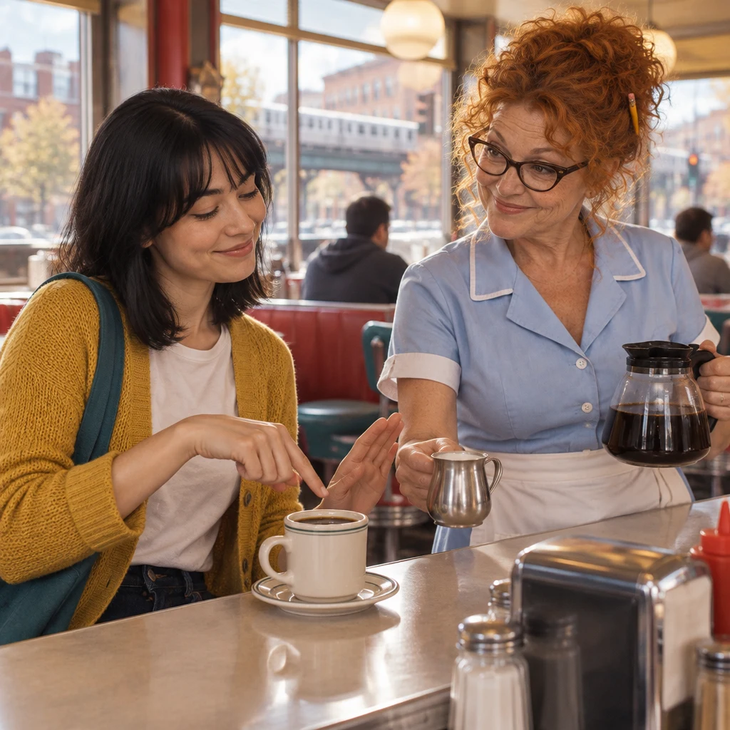 Ana politely asks Dee for cream as Dee offers her a cup of coffee.