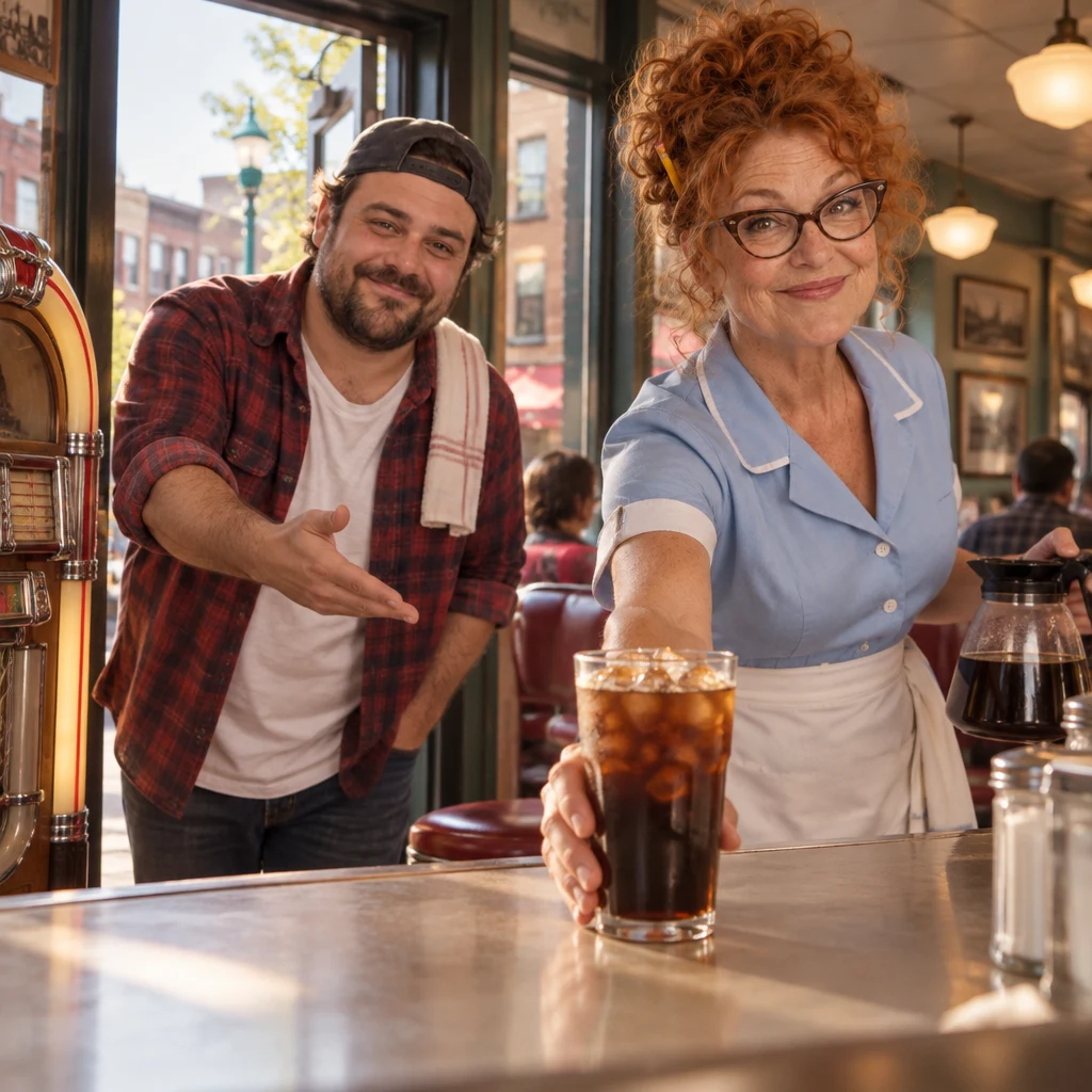 Danny leans in from the doorway and asks for cold coffee with ice.