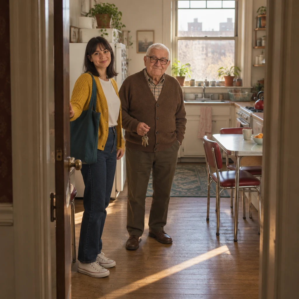 Ana holds the kitchen door open as Mr. Kowalski arrives with his keys.