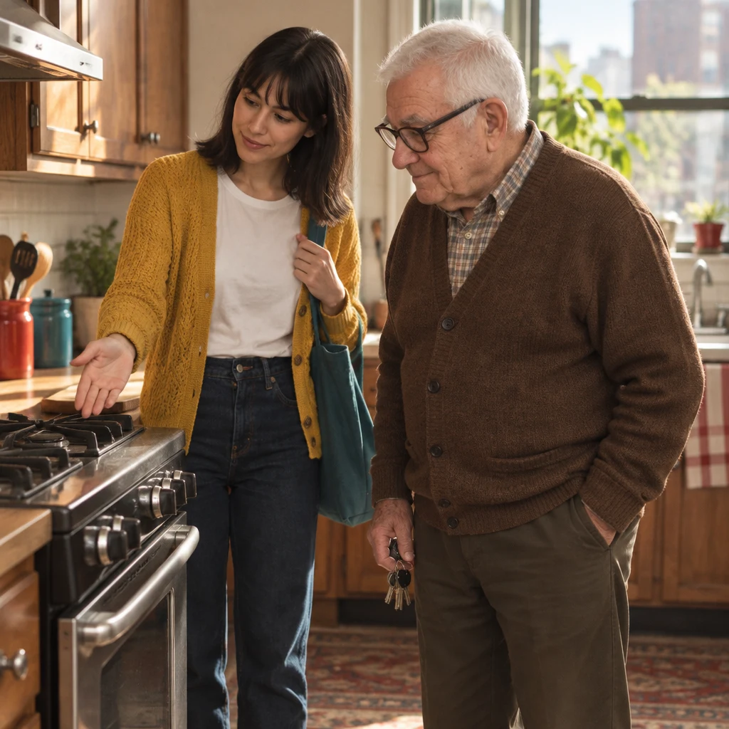 Ana points out the broken oven while Mr. Kowalski looks at the stove.