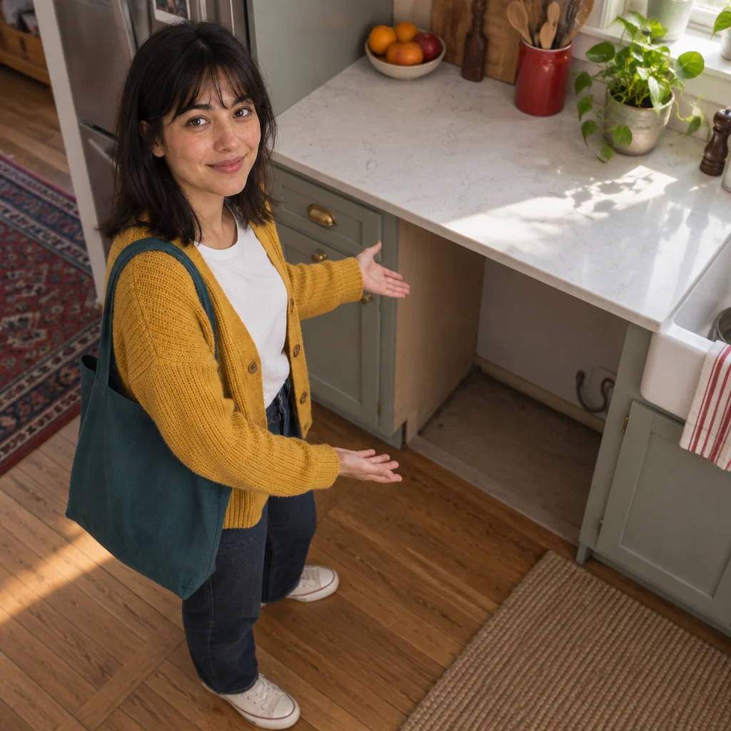 Ana opens her hands toward the empty space where a dishwasher should be.