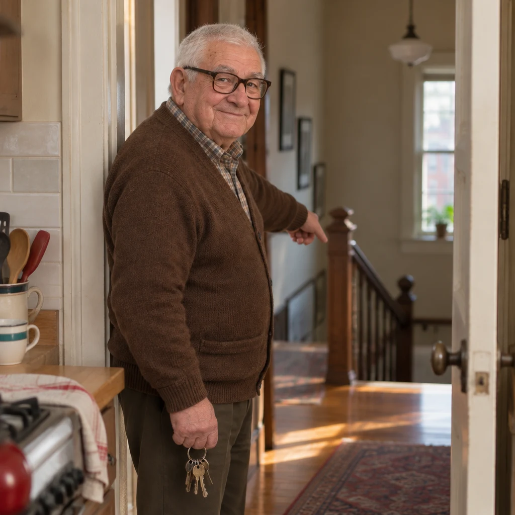 Mr. Kowalski points down the hall toward the stairs below the apartment.