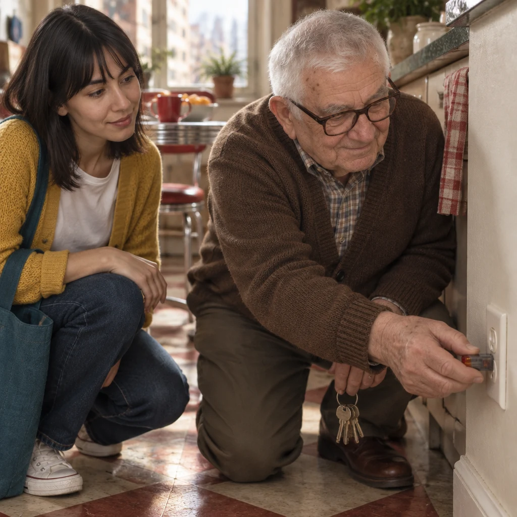Mr. Kowalski tests the wall outlet while Ana watches beside him.