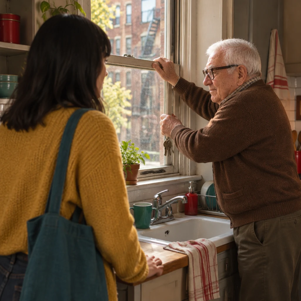 Ana braces at the window as Mr. Kowalski tries to move its stuck sash.