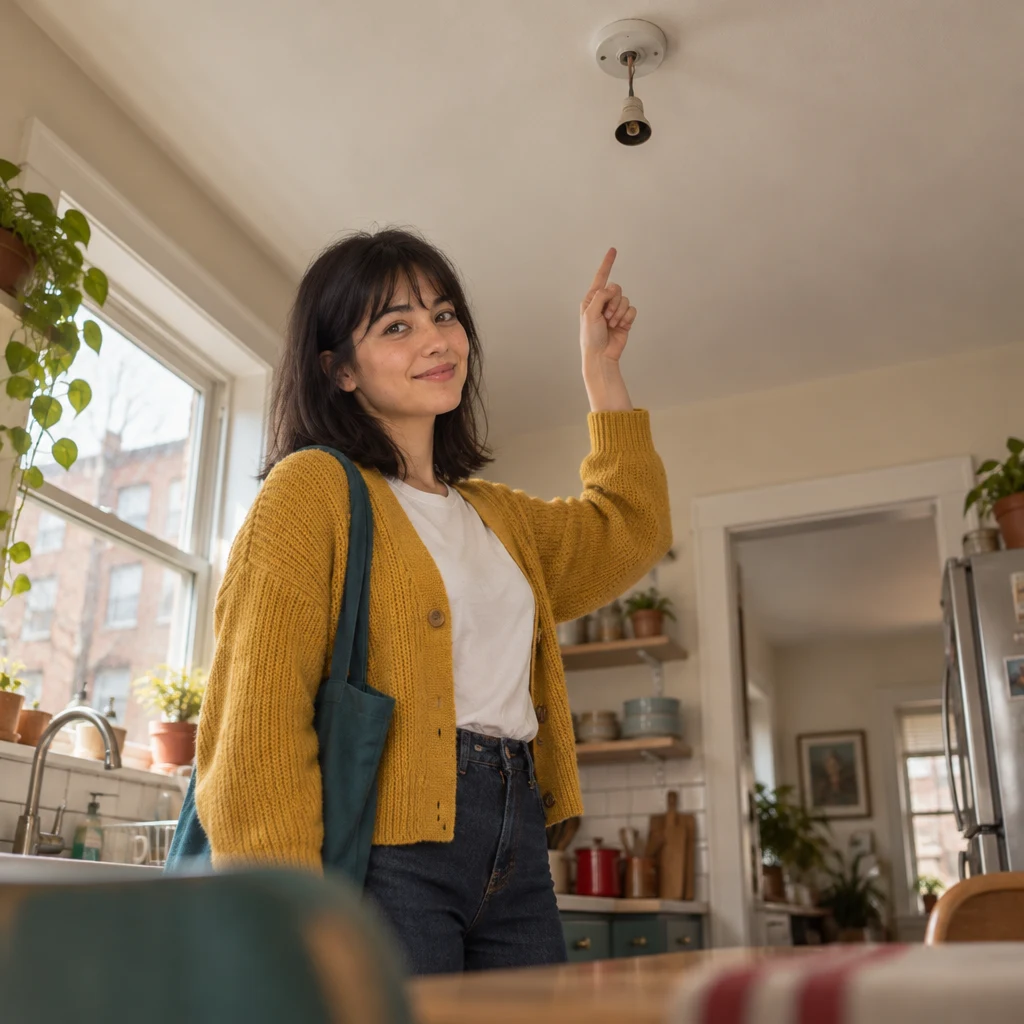 Ana points up at the bare ceiling mount where a lamp should be.