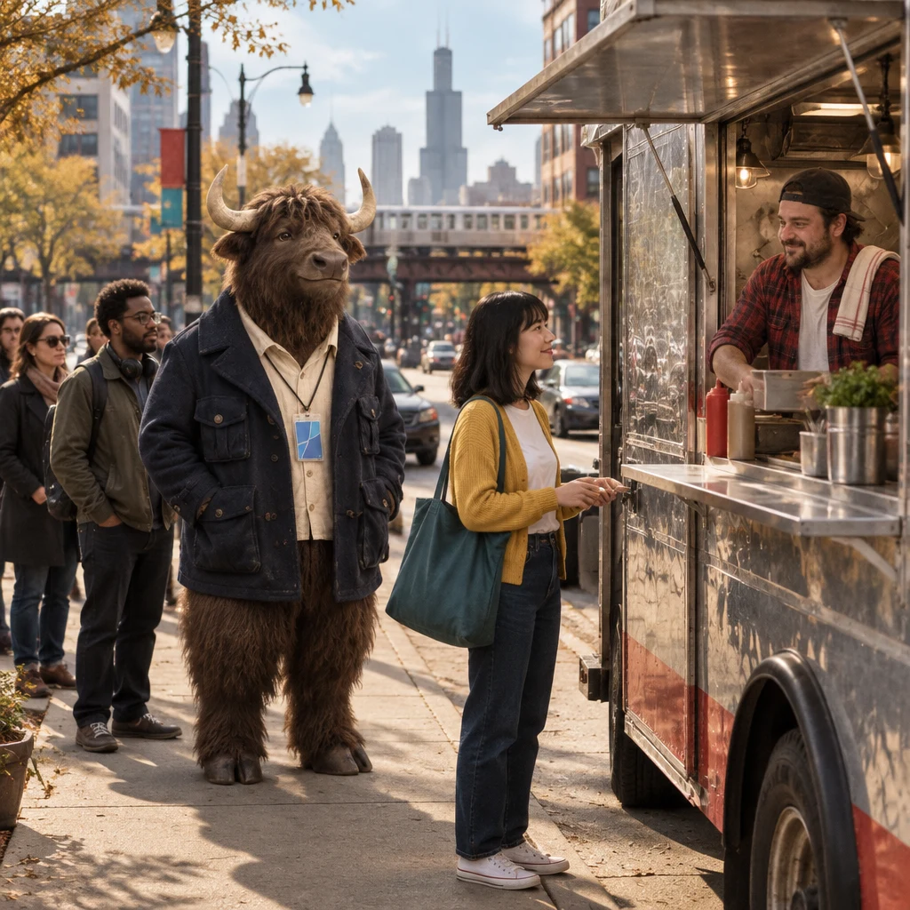 Danny’s truck is parked by the boulevard sidewalk as Ana joins the short line and Murray waits behind her.