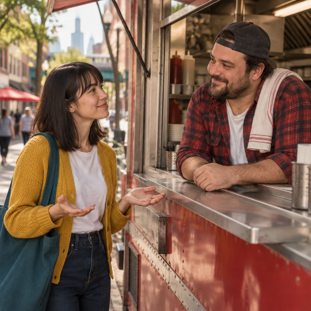 Ana opens her palms toward Danny as she asks which food she should get.