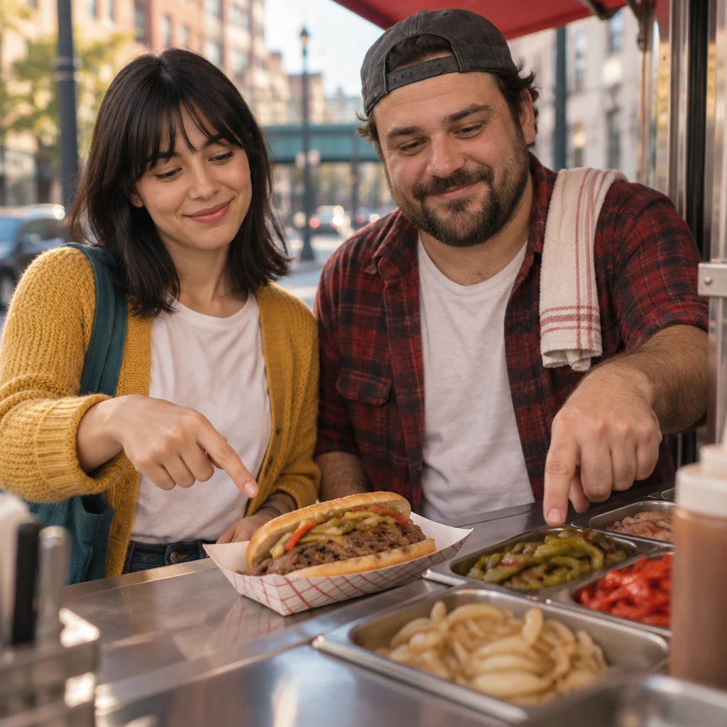 Ana points to the sandwich in a paper tray while Danny indicates its ingredients.