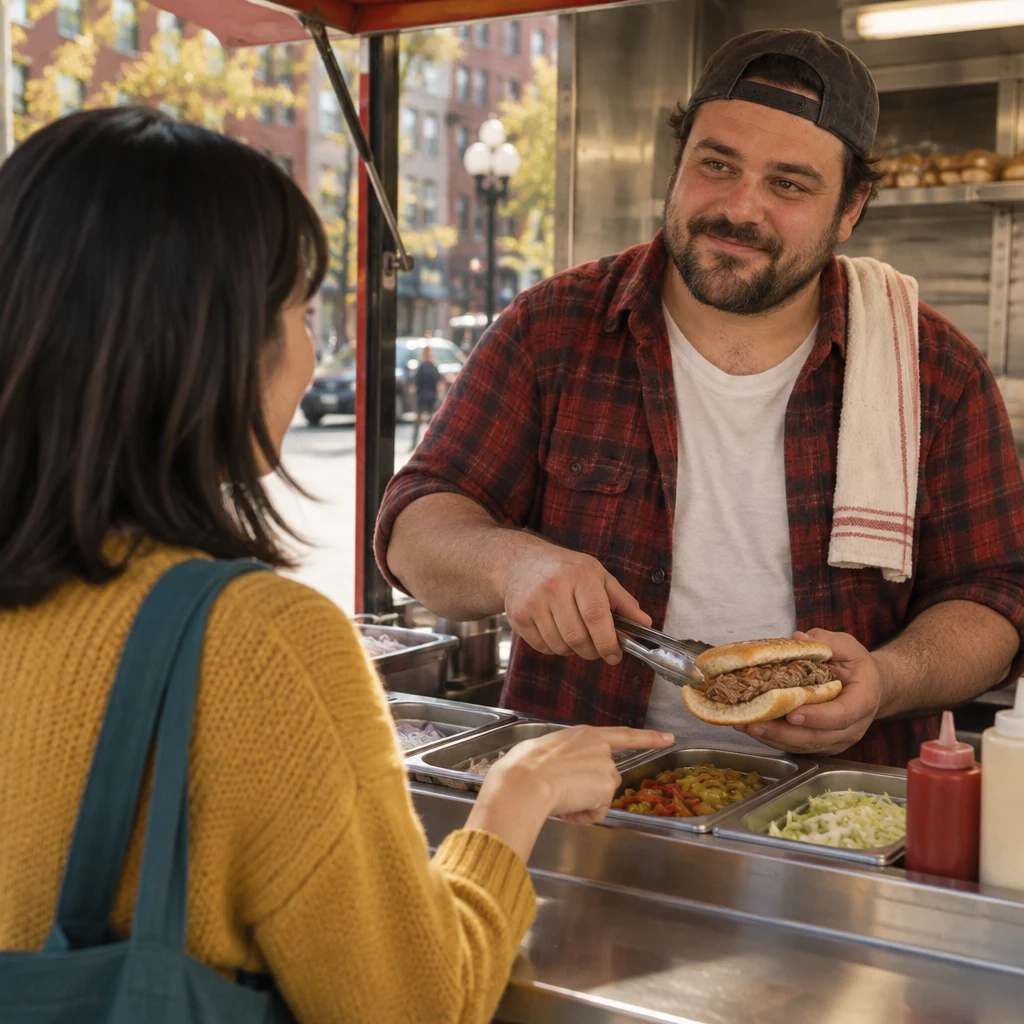 Ana gestures to leave out the peppers as Danny prepares the sandwich.
