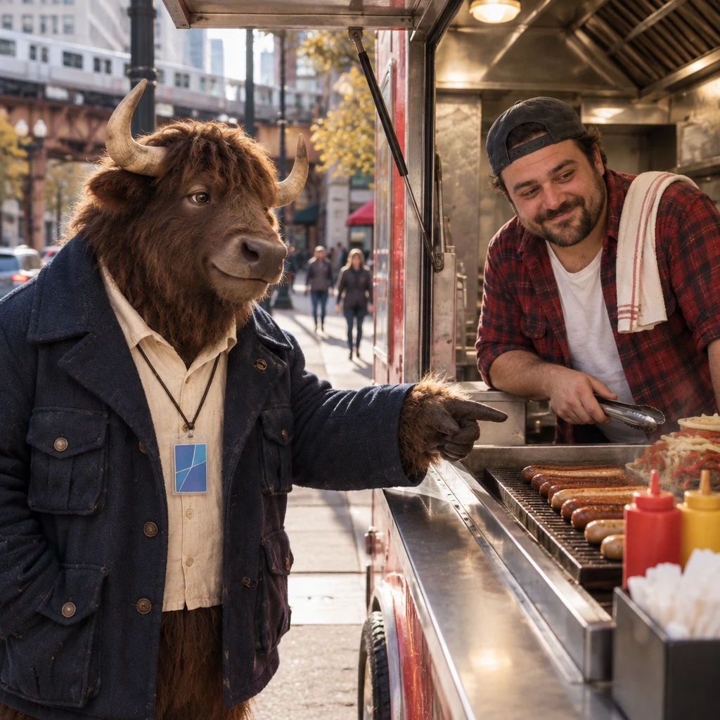 Murray points toward a hot dog as he places his order with Danny.