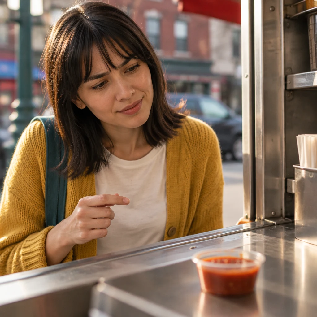 Ana considers a small cup of red sauce while asking whether the food tastes hot.