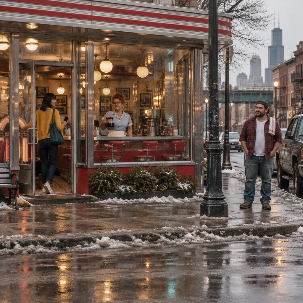 Ana pushes the diner door with her dark phone while Dee tends the counter and Danny stands on the boulevard.