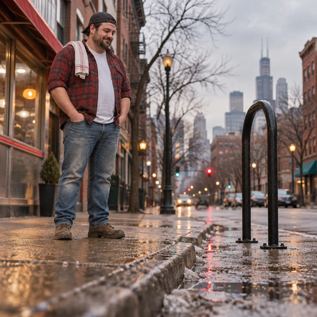 Danny stands beside the empty bike rack on the wet boulevard.