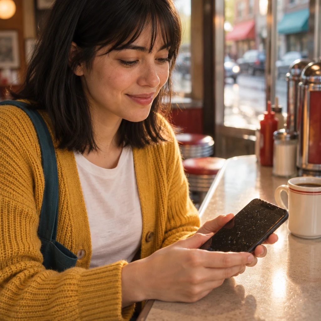 Ana holds her dark phone with water beading on its surface.
