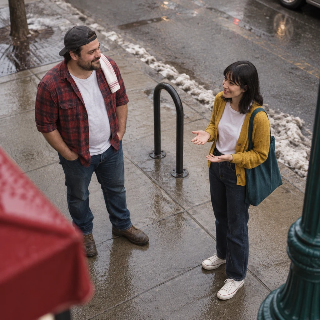 Ana gestures gently to Danny beside the empty bike rack, explaining that the bike was taken without meaning to.