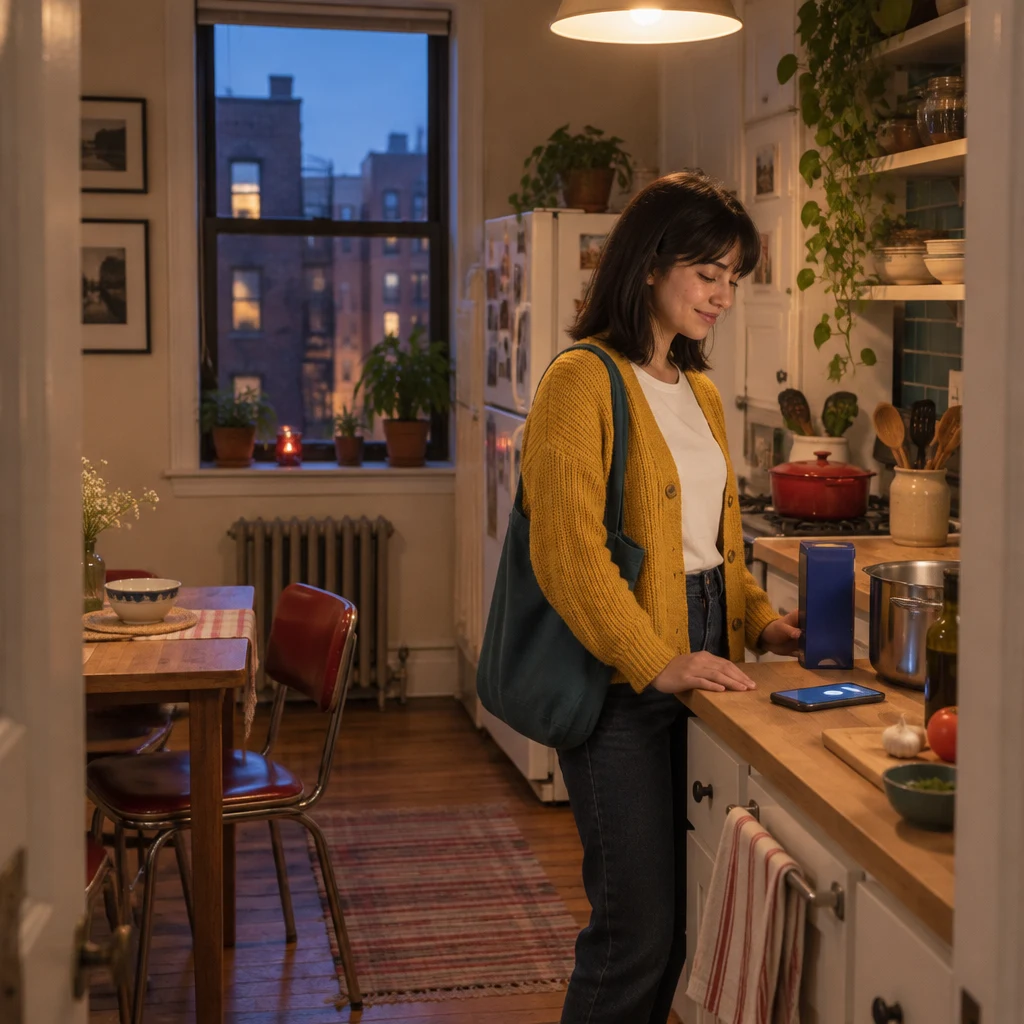 Ana stands in her second-floor Larch Street kitchen with a pot, a blank pasta box, and her phone on the counter.