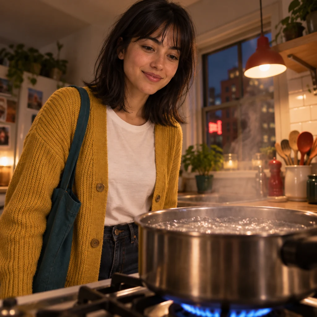 Ana watches as water in the pot on the stove begins to bubble.