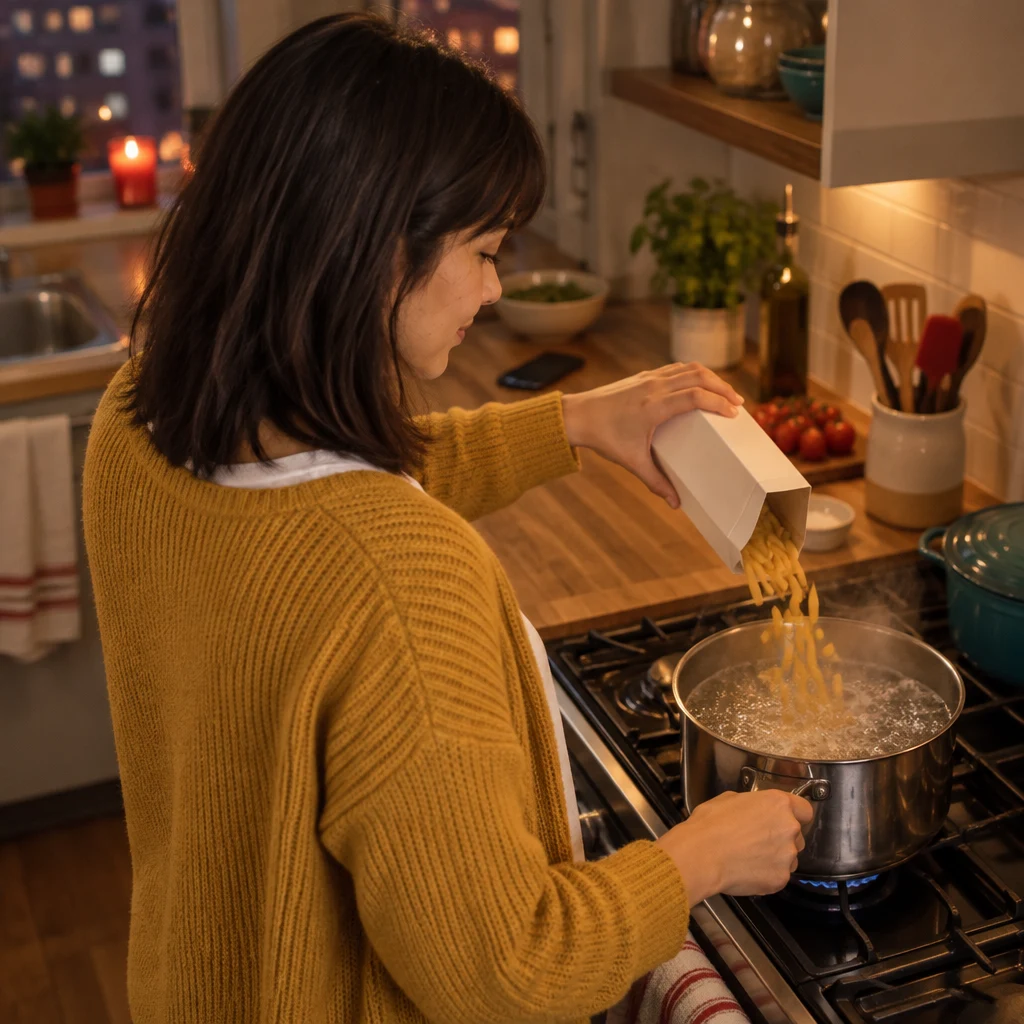 Ana tips dry pasta from the blank box into the bubbling pot.
