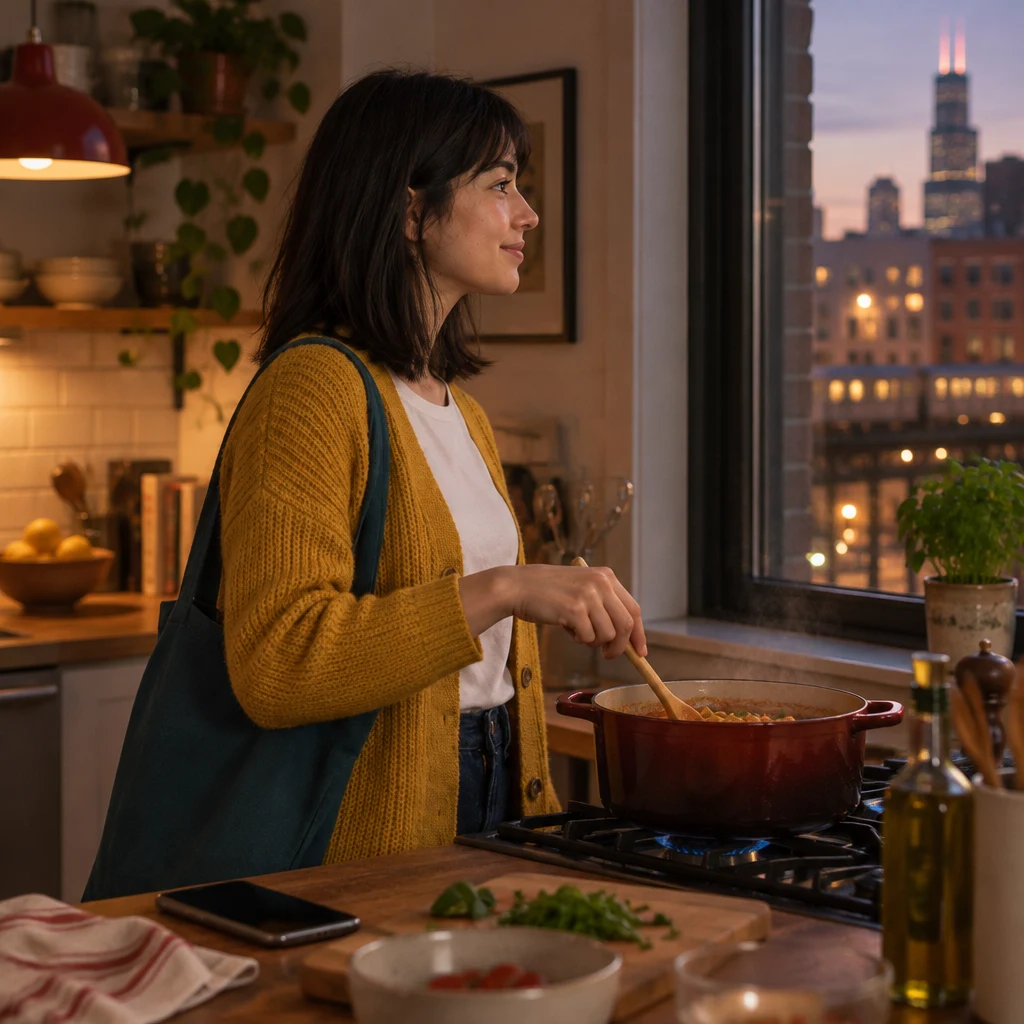 Ana gives the pasta one casual stir while looking toward the window.