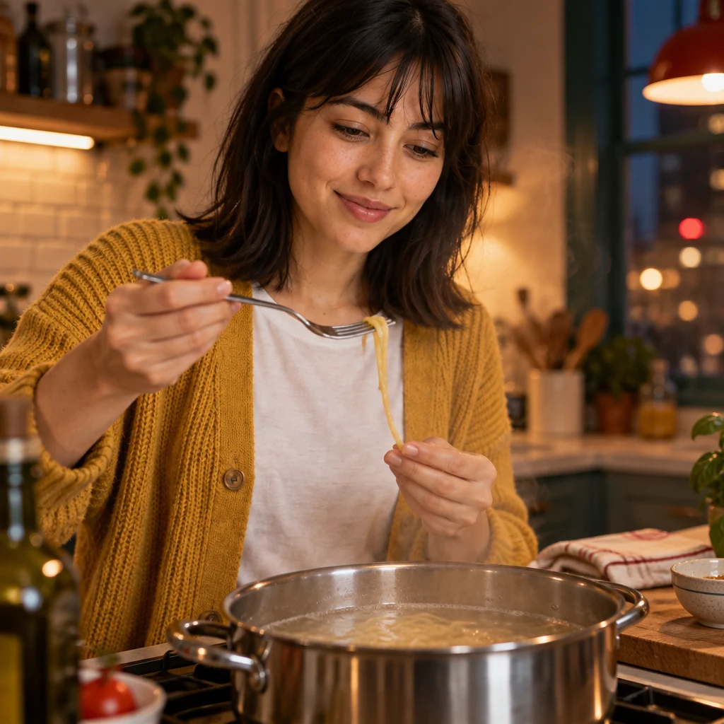 Ana checks a strand of pasta for tenderness beside the simmering pot.