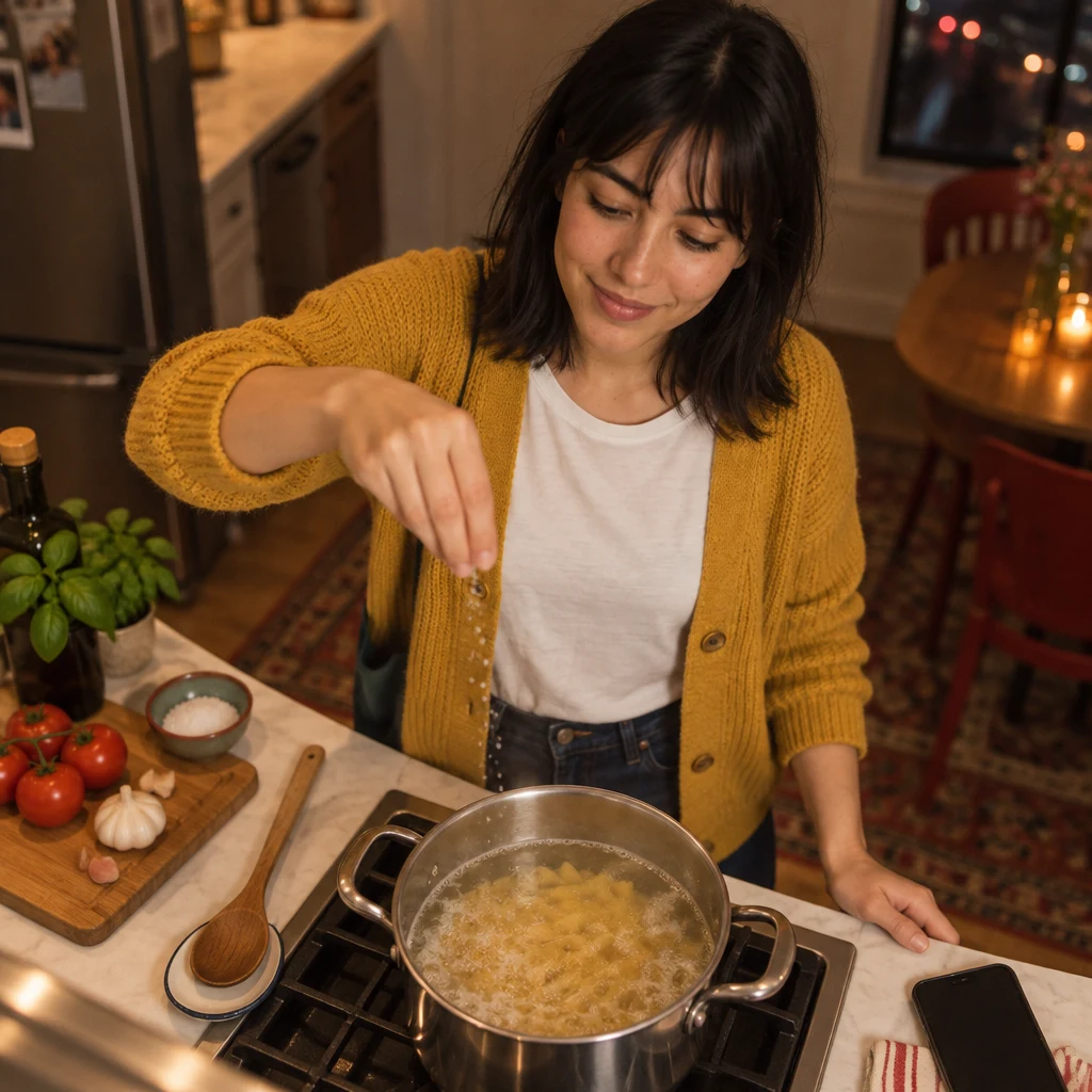 Ana pinches a very small amount of salt into the pot.