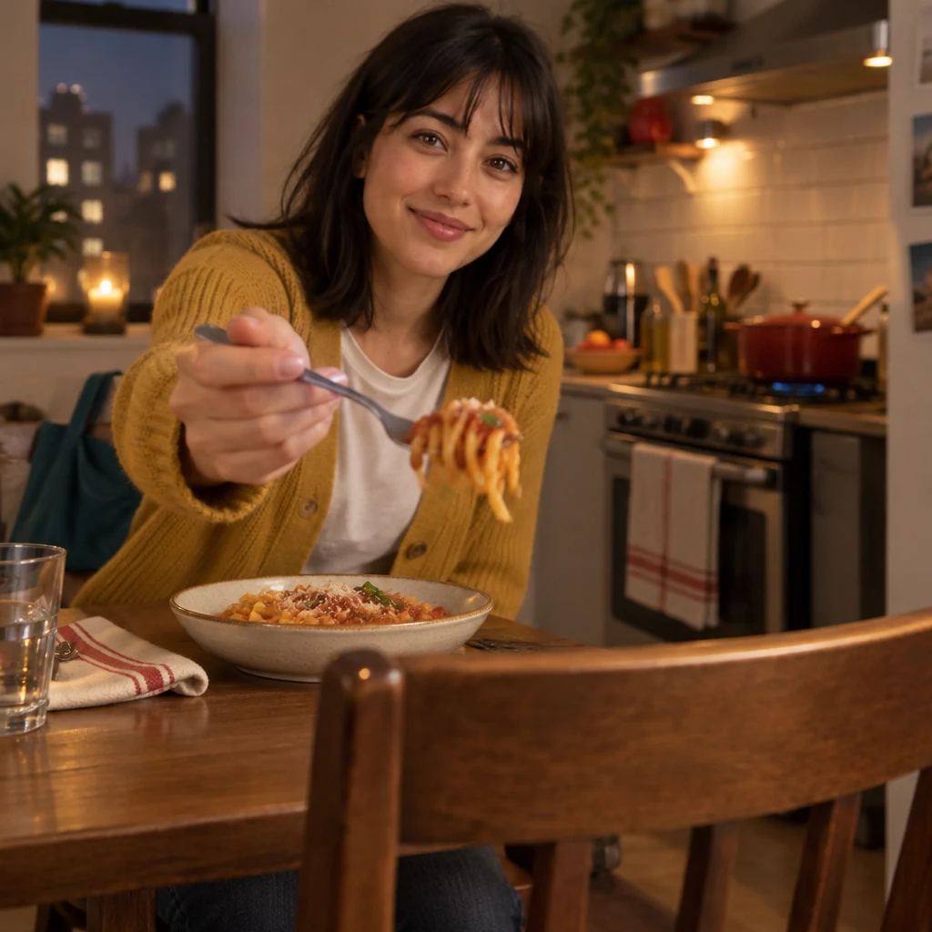 Ana holds out a forkful of cooked pasta as if offering someone a taste.