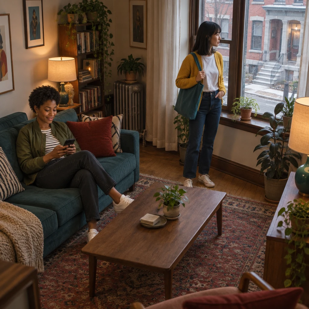 Tasha waits on the couch while Ana checks the empty porch through the window.