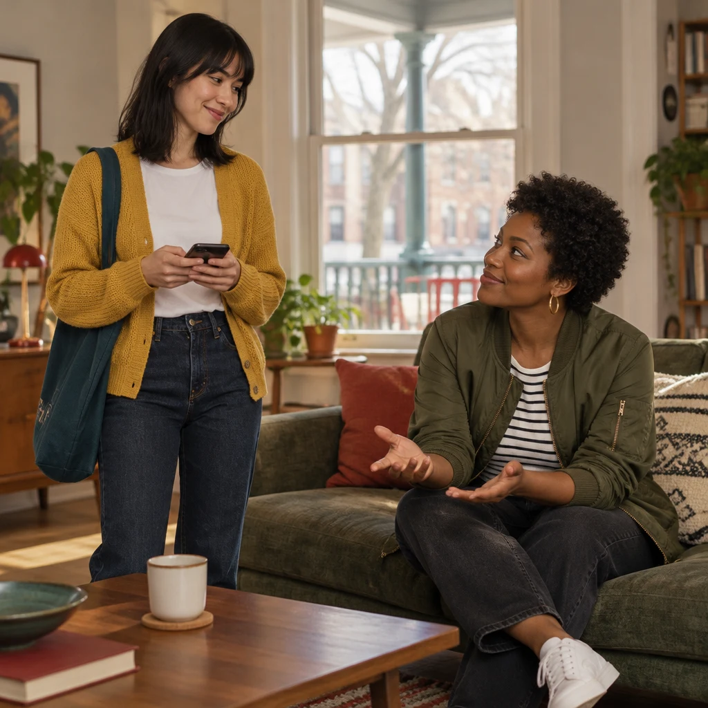 Ana holds her phone as Tasha asks whether the boots came from a shop.