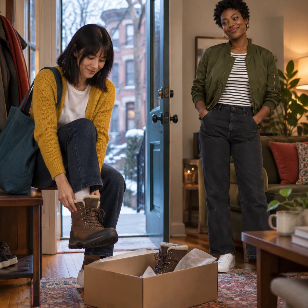 Ana brings the delivered box through the doorway and tries on one snow boot.