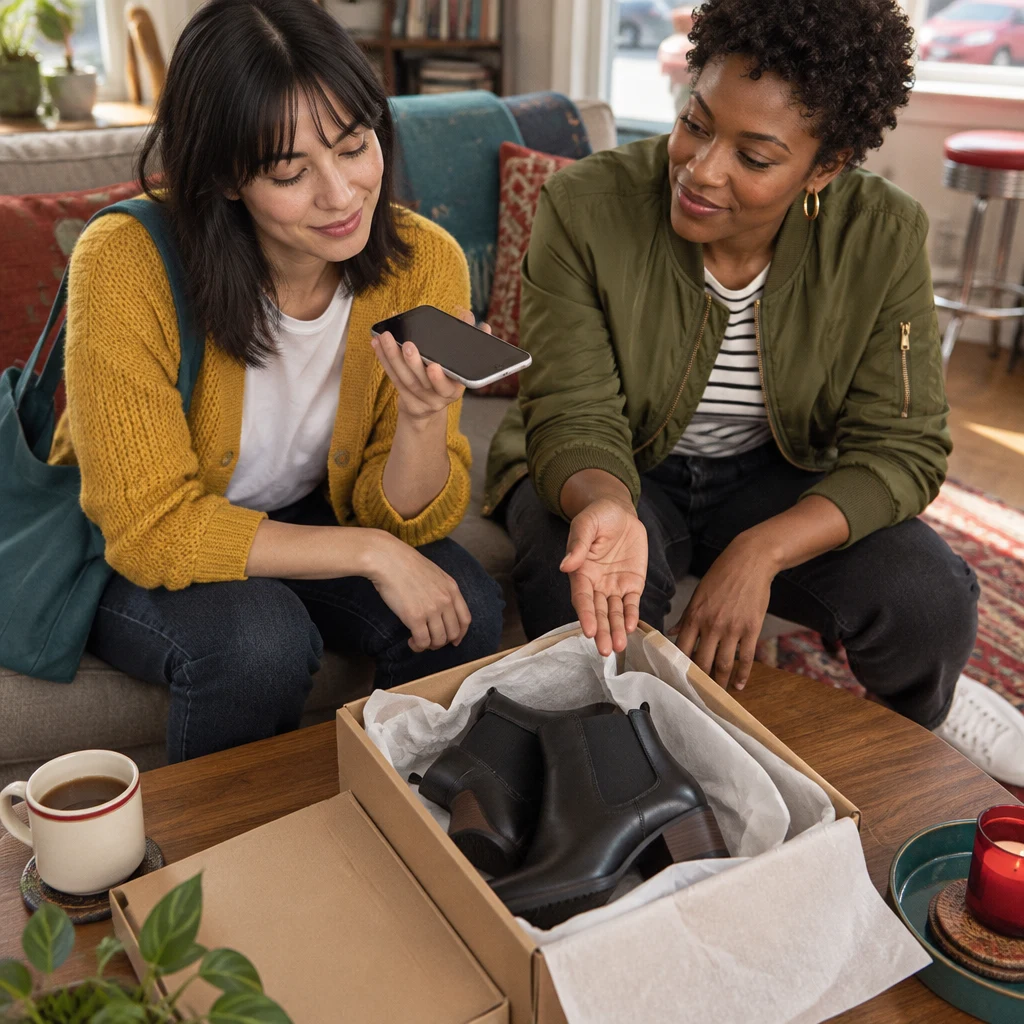 Ana holds her phone on speaker while asking for the return mail sticker.