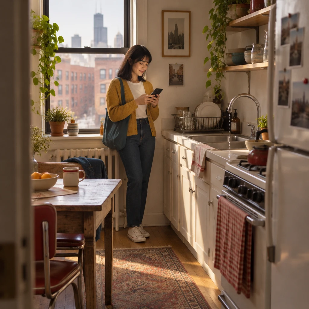 Ana stands by the kitchen window with her phone as water drips into the sink.