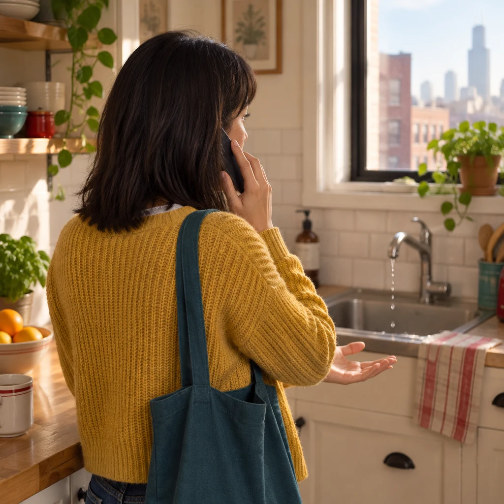 Ana holds her phone to her ear and makes a polite request for someone to check the leak.