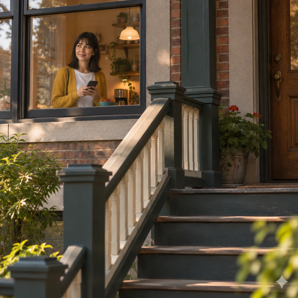 Ana looks through the kitchen window at the empty porch while holding her phone.