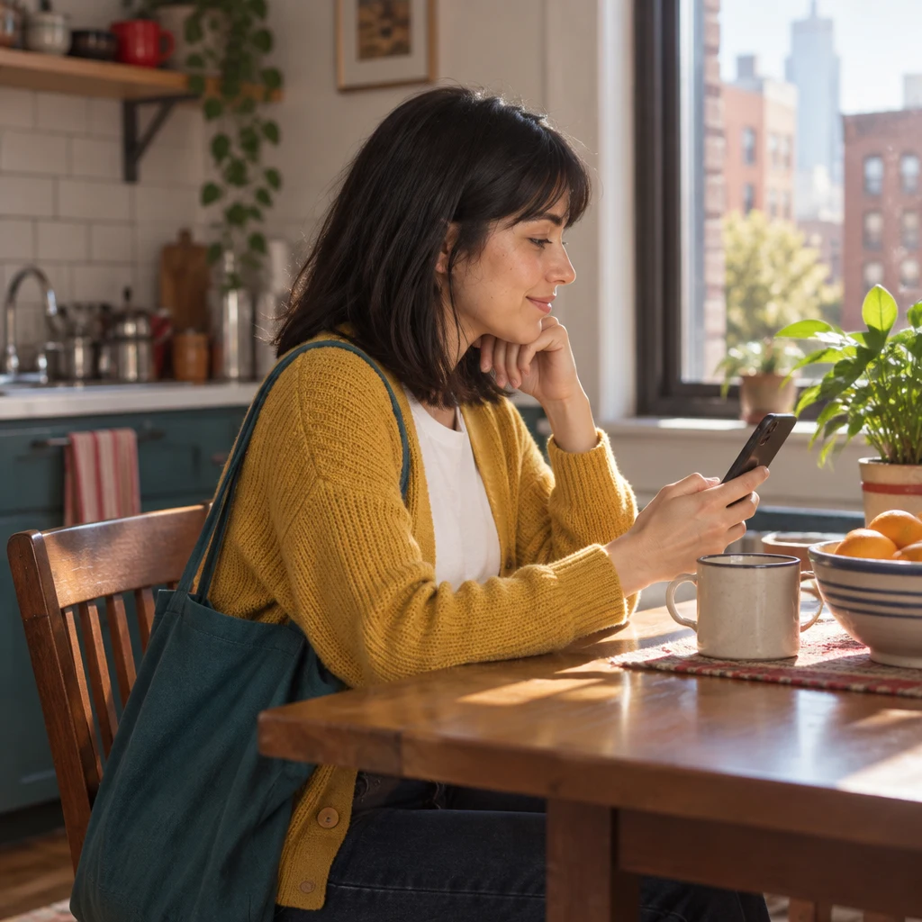 Ana sits at the kitchen table with her phone, prepared to be home after noon.