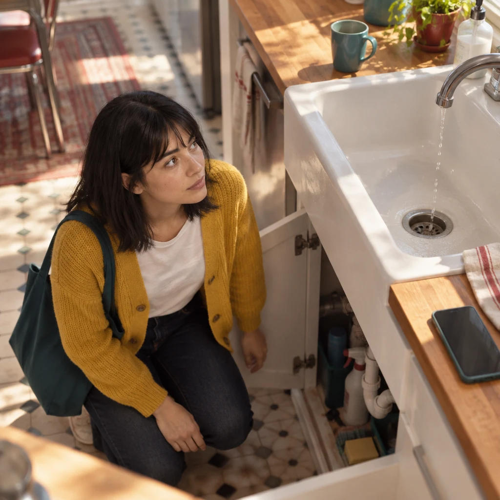 Ana kneels beside the open under-sink cabinet and checks the faucet, which is still dripping.
