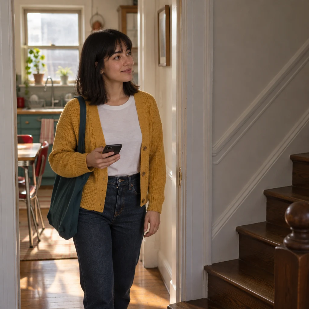 Ana waits in the kitchen doorway with her phone, watching the empty stairs for someone to arrive.