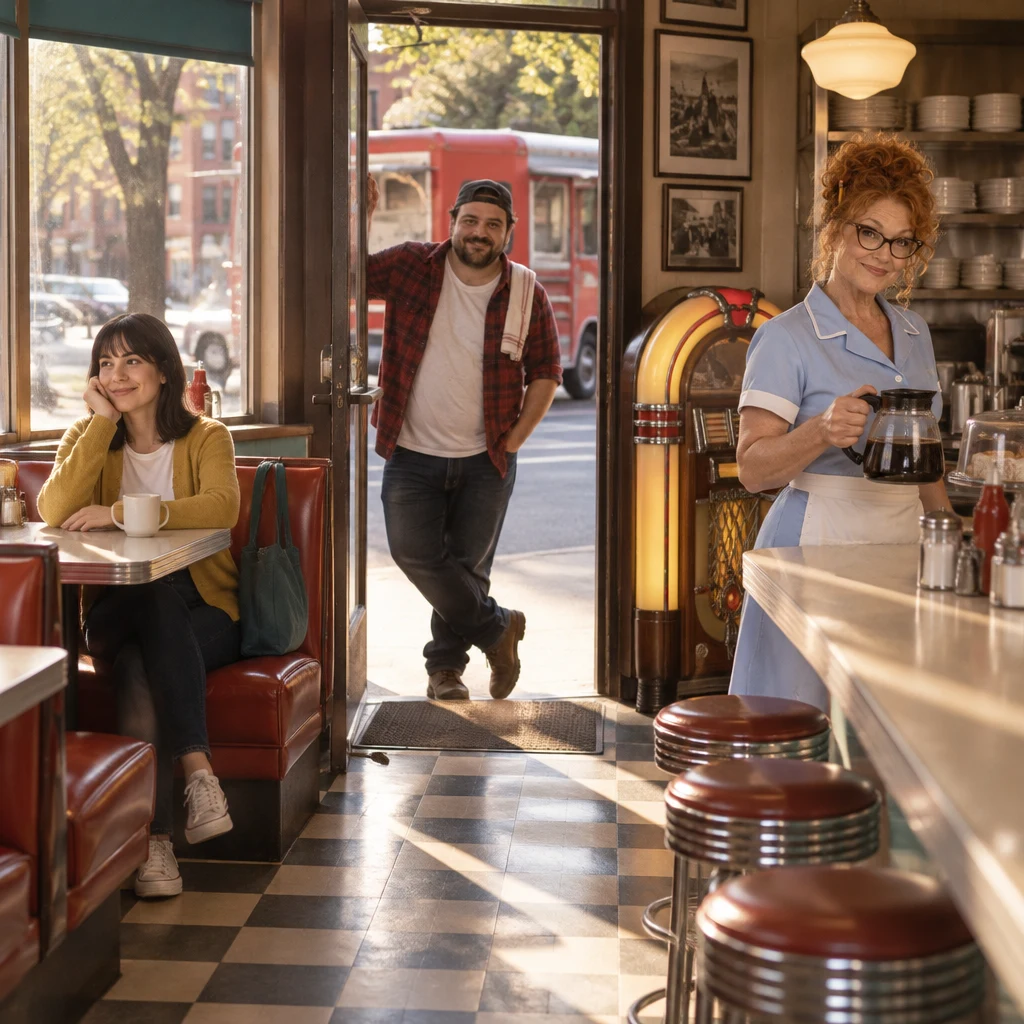 Ana sits with coffee while Danny leans through the diner doorway and Dee waits behind the counter.