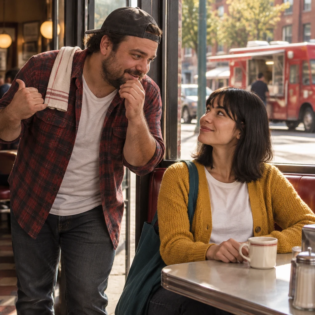 Danny shares secondhand news with Ana, who turns from the booth to listen.