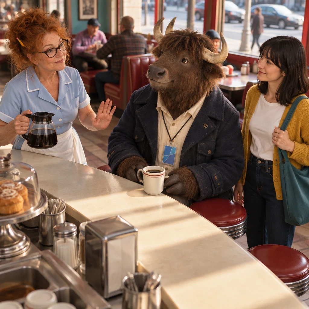 Dee gently signals that the rumor should not spread while Ana and Murray pause at the counter.