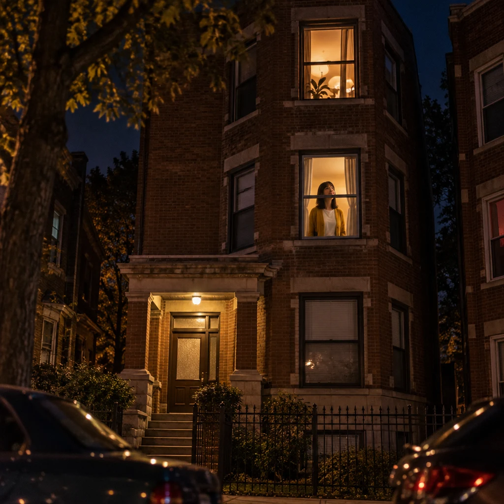 Ana looks upward from her lit apartment window as music carries through the building and the downstairs porch light glows over an empty stoop.