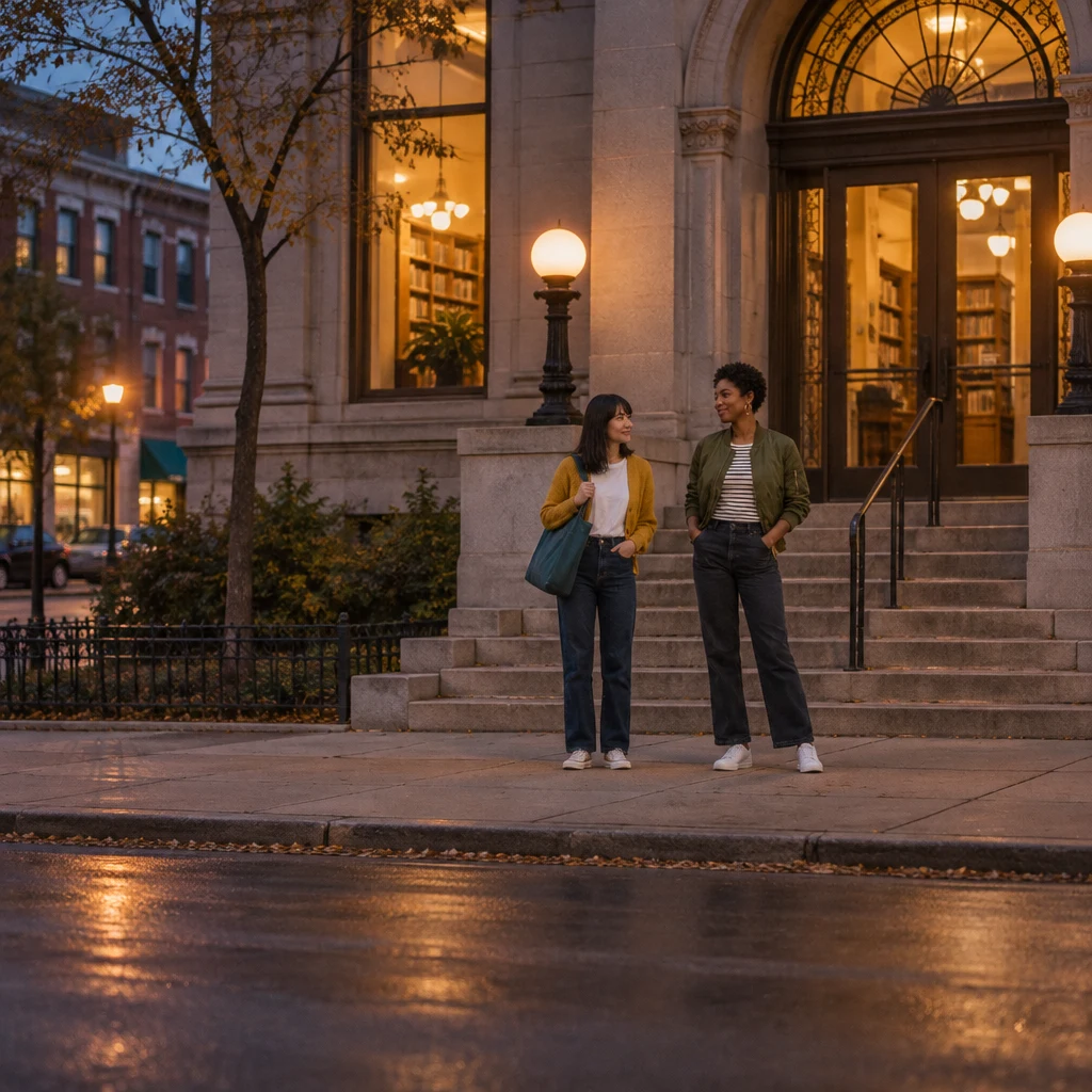 Ana and Tasha pause together on the library steps after their evening class.