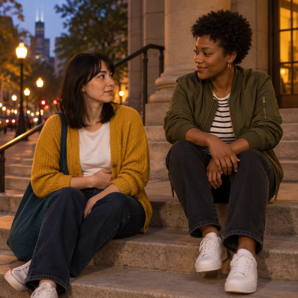 Ana pauses on a lower step with a hand resting lightly at her middle as Tasha listens.