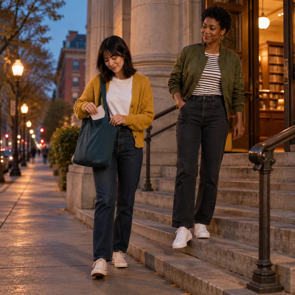 Ana closes her tote and turns toward the sidewalk while Tasha remains on the steps.