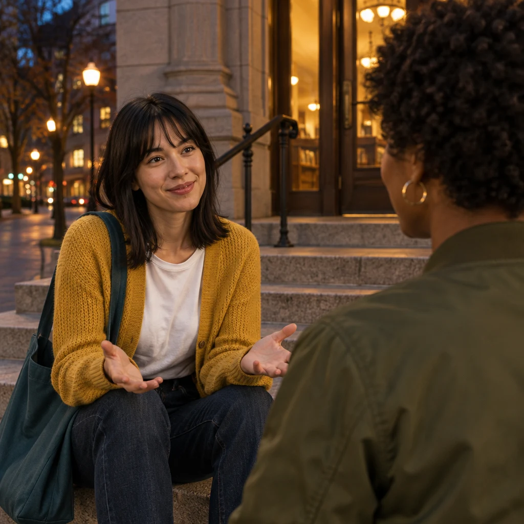 Ana gestures warmly toward Tasha as she describes how a conversation got started.