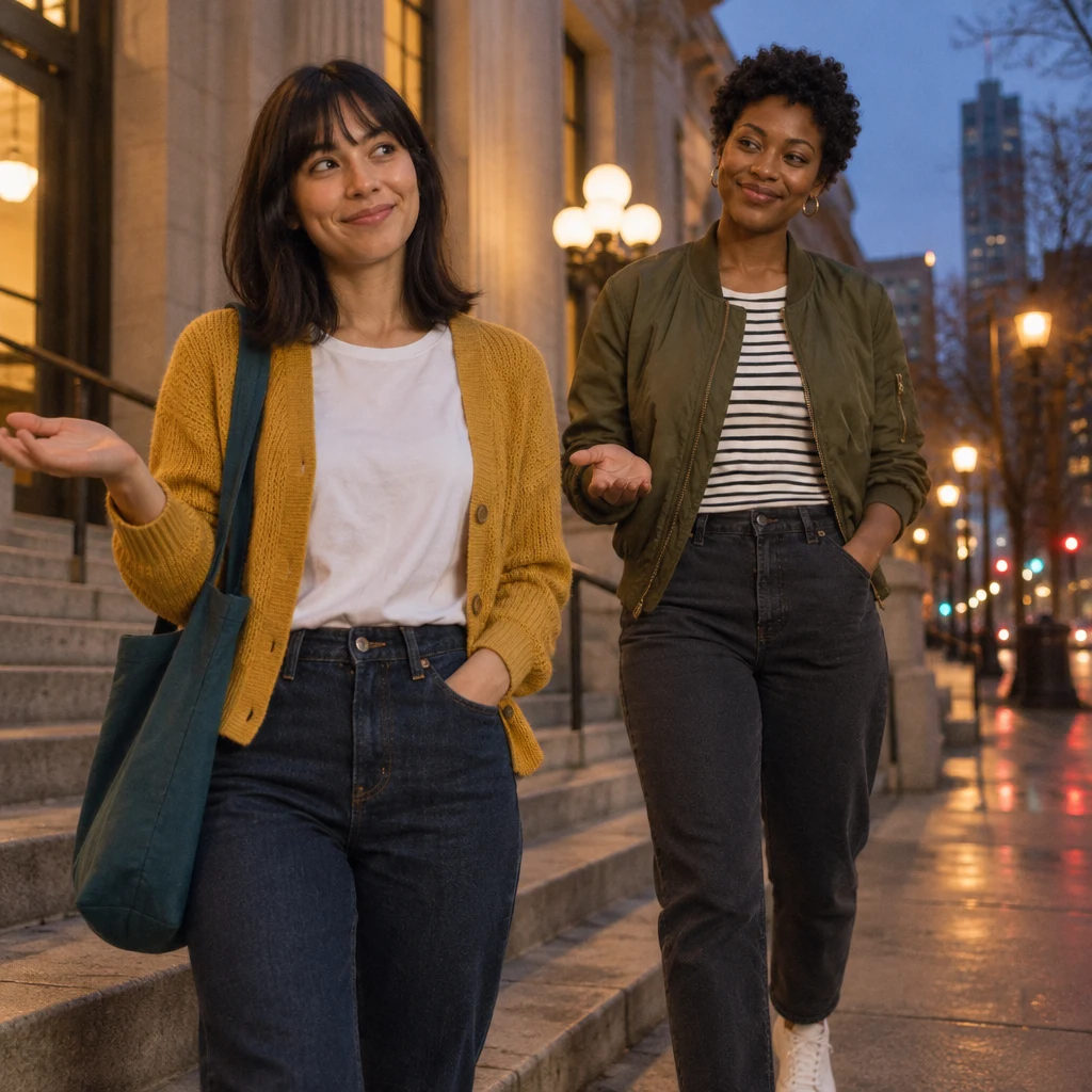 Ana gives an unbothered shrug as Tasha makes a small apologetic gesture beside her.