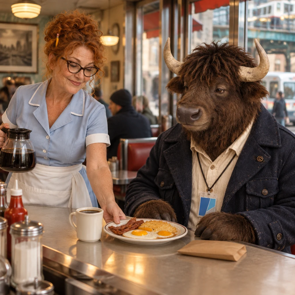 Dee sets Murray's familiar breakfast and coffee on the counter.