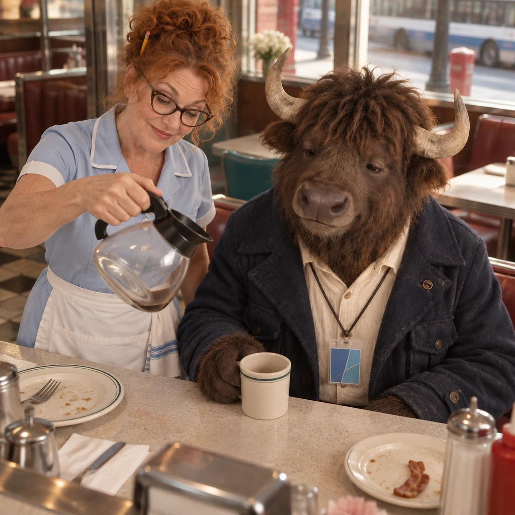 Dee tips the empty coffee pot over Murray's empty mug after he finishes the coffee.